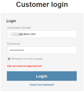 User account not approved error message when trying to log in
