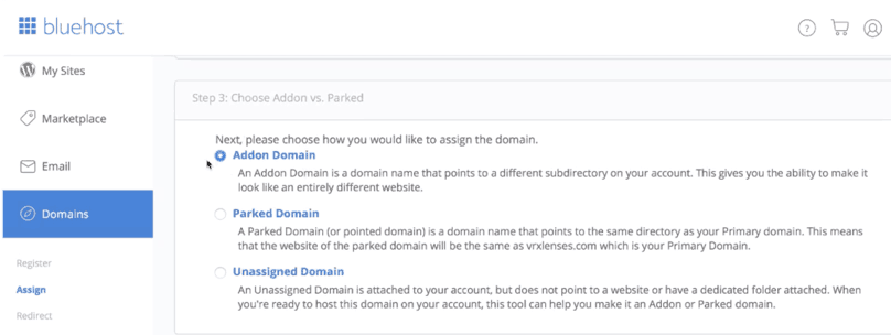 Bluehost WordPress Tutorial: Bluehost, assign a domain to your cPanel account step 3