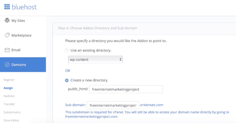 Bluehost WordPress Tutorial: Bluehost, assign a domain to your cPanel account step 4