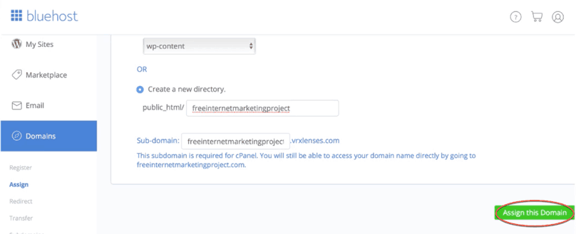 Bluehost WordPress Tutorial: Bluehost, assign a domain to your cPanel account, “Assign this Domain” button