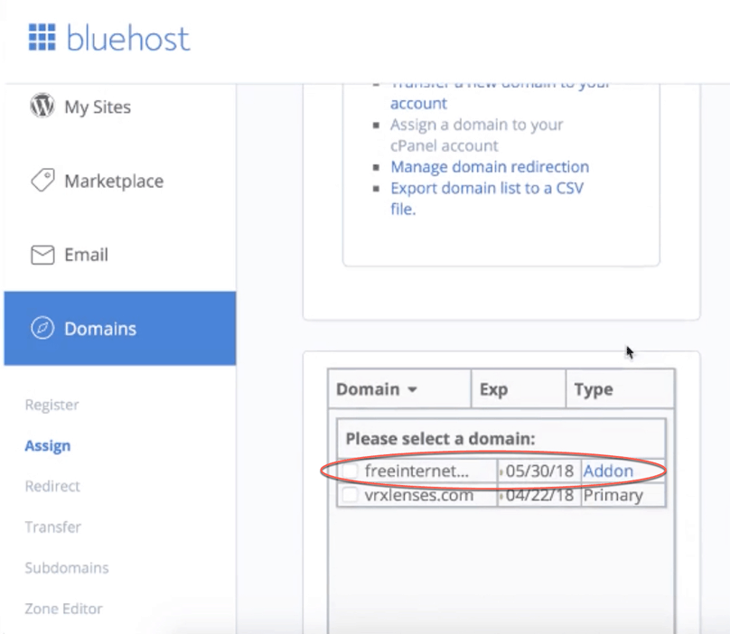 Bluehost Domains with addon domain displayed