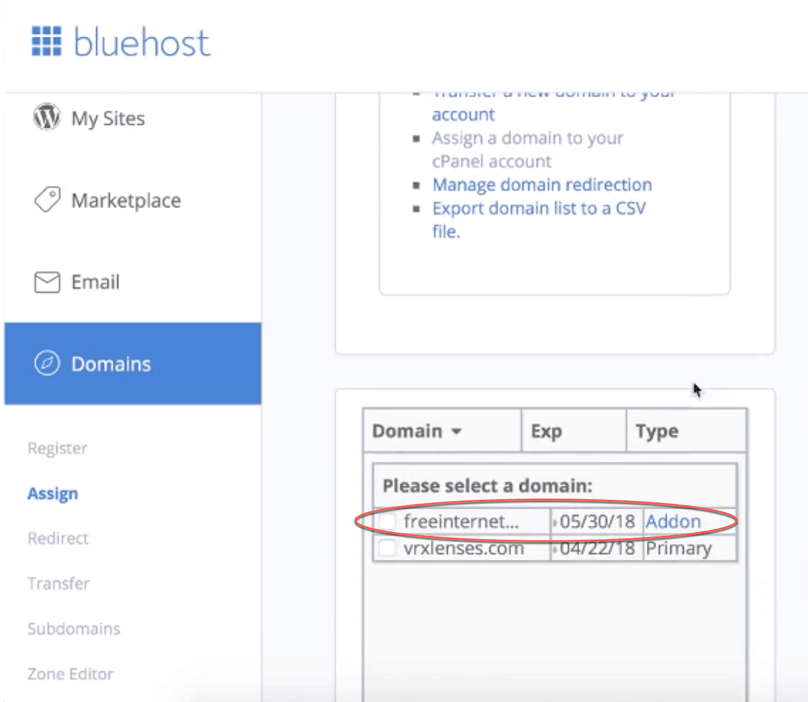 Bluehost WordPress Tutorial: Bluehost Domains with addon domain displayed