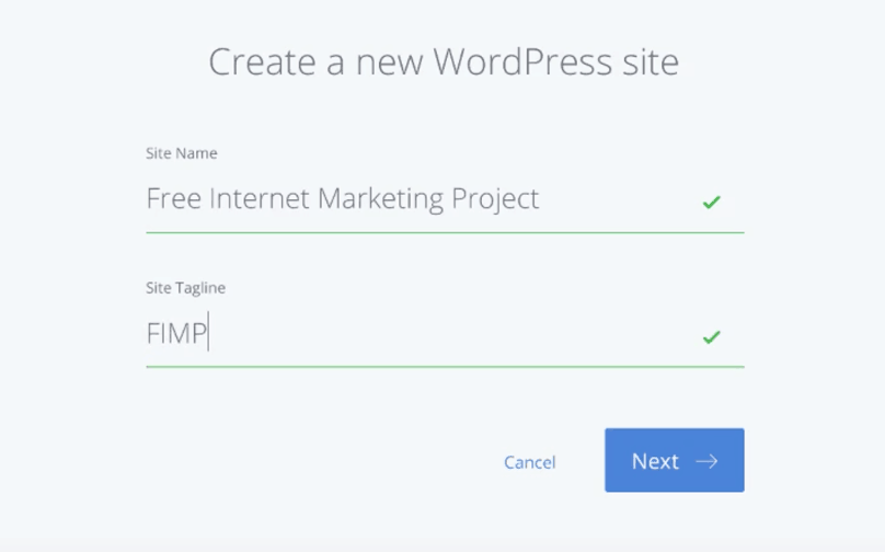Bluehost WordPress Tutorial: Bluehost’s “Create a new WordPress Site” page