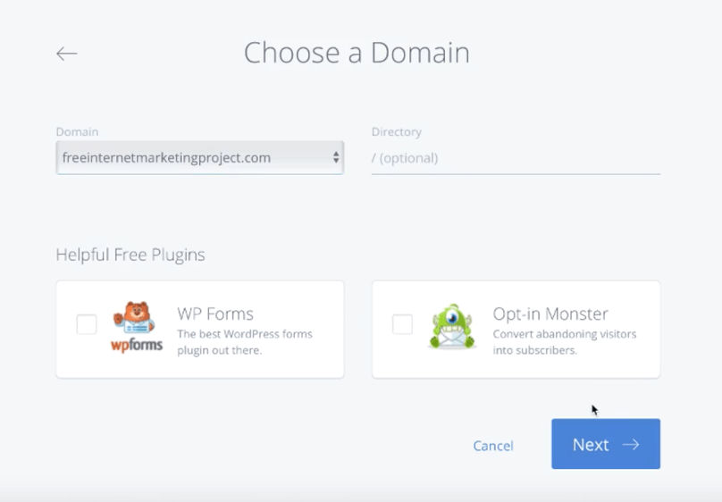 Bluehost’s “Choose a Domain” page