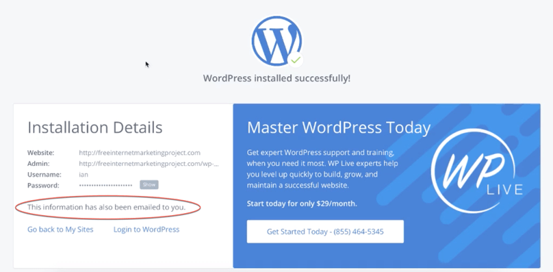 Bluehost WordPress Tutorial: Bluehost’s WordPress installation confirmation