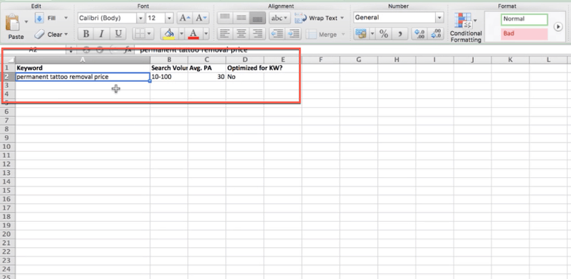 How To Find Profitable Keywords With Low Competition: Spreadsheet With Keyword Data