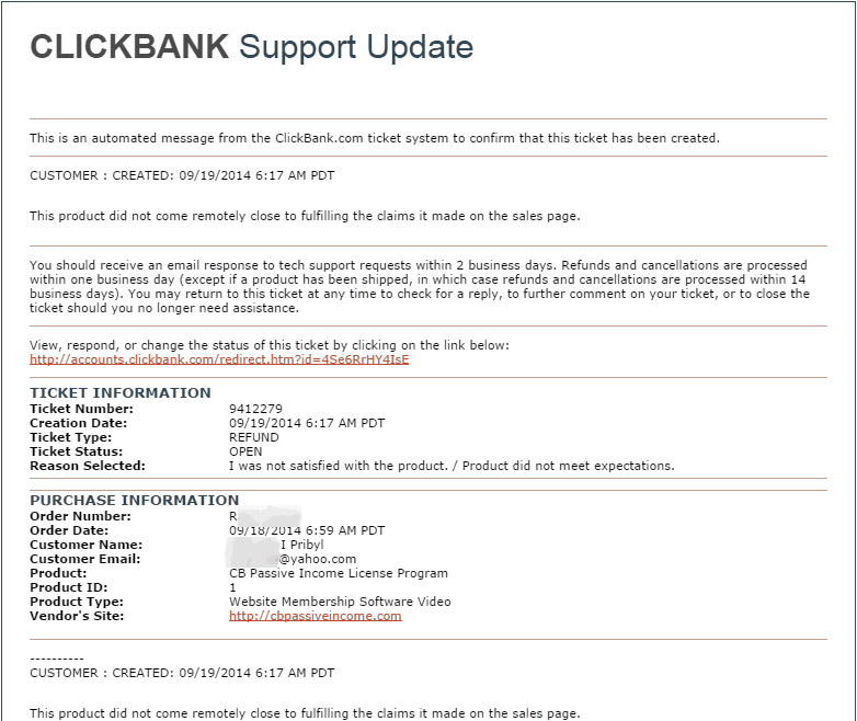 Clickbank support ticket confirmation email