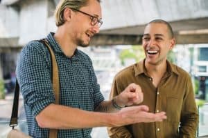 two men having an animated conversation