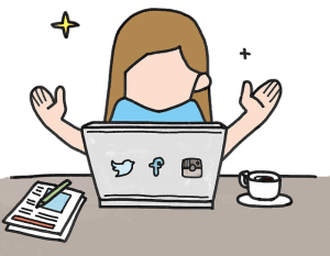 illustration of woman in front of laptop with twitter facebook and instagram icons, coffee, and a notebook